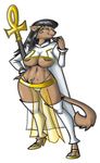  bastet big_breasts bittenhard black_hair breasts cat collaboration crovirus egyptian feline female hair high_heels makeup mammal nipples plain_background polearm ring rings solo staff tail thong tomierlanely under_boob white_background 