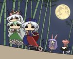  animal_ears ascot bamboo bamboo_forest black_hair bow bunny_ears carrying chibi commentary_request dragging dress everyone ex-keine forest fujiwara_no_mokou full_moon hair_bow hat headstand horns houraisan_kaguya inaba_tewi kamishirasawa_keine kurokoori long_hair moon multiple_girls nature necktie nurse_cap outdoors pleated_skirt purple_hair reisen_udongein_inaba silver_hair skirt solid_circle_eyes touhou translation_request upside-down very_long_hair white_hair wide_face yagokoro_eirin 