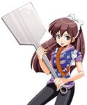  amelie blue_eyes brown_hair holding_spatula japanese_clothes kuonji_ukyou long_hair oversized_object pantyhose ranma_1/2 simple_background solo spatula white_background 