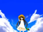  blue_eyes brown_hair clouds flowers hat sky summer_dress tagme 