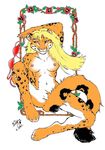  2002 amber_eyes b_dog black blonde_hair bra breasts covering_self fan_colored feline female hair leopard long_hair nipples nude orange pink_nose snow_leopard solo spots spread_legs spreading tail undressing white white_background 