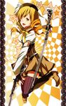  bad_id bad_pixiv_id beret blonde_hair drill_hair fingerless_gloves gloves gun hair_ornament hat highres kurokawa_sae magical_girl magical_musket mahou_shoujo_madoka_magica one_eye_closed puffy_sleeves rifle short_hair solo thighhighs tomoe_mami twintails weapon yellow_eyes zettai_ryouiki 