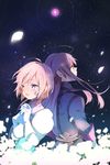  1girl ahoge bad_id bad_pixiv_id coat estellise_sidos_heurassein flower frown gloves kitsuta long_hair night pink_hair purple_eyes purple_hair short_hair sidelocks smile star tales_of_(series) tales_of_vesperia white_eyes yuri_lowell 