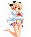  :d bangs barefoot blonde_hair bow bow_bra bow_panties bra breasts copyright_request covered_nipples eyebrows_visible_through_hair feet front-tie_top hair_bow hair_ornament hair_ribbon hairclip heart heart_print highres lingerie long_sleeves looking_at_viewer medium_breasts mikagami_mamizu navel open_clothes open_mouth open_shirt panties print_bra print_panties ribbon shirt short_hair side-tie_panties simple_background smile solo underwear 