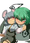  animal_ears antenna_grab antennae bad_id bad_pixiv_id cape commentary_request green_eyes green_hair grey_hair hamahara_yoshio highres mouse_ears multiple_girls nazrin red_eyes short_hair touhou wince wriggle_nightbug 
