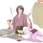  alcohol barefoot blanket blush brown_hair couple drunk eyes_closed feet female japanese_clothes kimono lap_pillow male sake sengoku_musou sengoku_musou_2 sengoku_musou_3 short_hair sleeping tachibana_ginchiyo tachibana_muneshige tomo_(pixiv586511) 