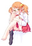  anjou_naruko ano_hi_mita_hana_no_namae_wo_bokutachi_wa_mada_shiranai. barefoot blush dress_shirt feet hayakawa_harui leg_hug nail_polish orange_eyes orange_hair school_uniform shirt single_sock sitting skirt sleeves_rolled_up socks solo toenail_polish toes twintails 