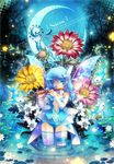  blue_hair crescent_moon fairy_wings fish flower flute glasses instrument lotus mabinogi mariko_(leda) moon night night_sky one_eye_closed pinky_out siren_(mabinogi) sky solo star star_(sky) starry_moon wading water wings 