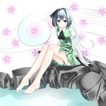  ascot barefoot blue_eyes feet ghost hairband highres hitodama katana konpaku_youmu konpaku_youmu_(ghost) long_toenails panties pantyshot pantyshot_(sitting) petals pond rock shinoi short_hair silver_hair sitting skirt solo sword toenails touhou underwear upskirt weapon 