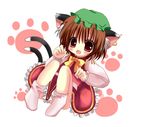  animal_ears blush brown_eyes brown_hair cat_ears cat_tail chen chibi dress earrings hane. hat jewelry multiple_tails nekomata open_mouth red_dress sitting solo tail touhou 