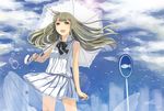  :d animal ataru_(ataru_squall) blue_eyes brown_hair bubble cloud day fish floating_hair long_hair open_mouth original pleated_skirt shield skirt sky smile solo sun umbrella whale 