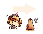  1girl blonde_hair chibi crescent directional_arrow expressionless hat head_tilt jitome lunasa_prismriver metronome okome_(kome_kuma) simple_background solo touhou yellow_eyes 