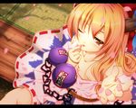  ;p belt bow brown_eyes chain finger_to_mouth fingernails foreshortening from_above gourd hair_bow haruyonoto horns ibuki_suika letterboxed long_hair nail_polish off_shoulder one_eye_closed orange_hair petals solo tongue tongue_out touhou 