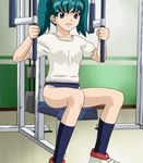  angry aqua_hair blue_eyes breasts clenched_teeth exercise female footwear green_hair gym gym_uniform honjo_mikaze indoors shoes short_hair sitting socks solo stratos_4 teeth twintails 
