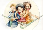  arm_grab bad_id bad_pixiv_id bandaid blush chikama_(minka) child freckles happy monkey_d_luffy multiple_boys one_piece pipes portgas_d_ace sabo_(one_piece) weapon younger 