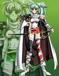  90s ahoge angelina_(langrisser) asymmetrical_clothes bandages black_legwear boots breasts brown_eyes cape frown full_body gloves green_background green_hair knee_boots langrisser langrisser_iv long_hair medium_breasts mismatched_footwear official_art pauldrons ponytail red_legwear scabbard scan serious sheath sidelocks solo thighhighs tiara urushihara_satoshi zoom_layer 