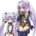  baby_razz bad_id bad_pixiv_id blush_stickers busou_shinki collar dd_(ijigendd) doll_joints flat_chest gold_trim hair_intakes hair_ornament half-closed_eyes lavender_hair long_hair mecha_musume multiple_girls outstretched_hand purple_eyes sharatang_(busou_shinki) simple_background spiked_armlet spiked_collar spikes standing thighhighs twintails very_long_hair white_background x_hair_ornament 