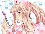  blonde_hair blue_eyes hat heart long_hair macross macross_frontier macross_frontier:_sayonara_no_tsubasa nurse nurse_cap ponytail sheryl_nome solo syringe yuzu_(akatuki_stick) 