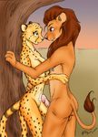  breasts brown_eyes butt cheetah cum cute feline female fio hug lion male penis straight tree 