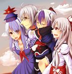  3girls ahoge fujiwara_no_mokou glasses head_wings horns kamishirasawa_keine matsura_(nagatosan) morichika_rinnosuke multicolored_hair multiple_girls red_eyes sideways_mouth single_head_wing tokiko_(touhou) touhou two-tone_hair white_hair 