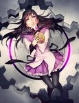  akemi_homura ameri00 black_hair black_legwear from_above gears hairband long_hair lying magical_girl mahou_shoujo_madoka_magica on_back pantyhose purple_eyes purple_skirt shield skirt solo 