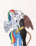  anthro anthrofied avian clothing equine female friendship_is_magic gilda_(mlp) gryphon hair horse jeans kissing leather lesbian mammal multi-colored_hair my_little_pony pegasus pony rainbow_dash_(mlp) rainbow_hair shirt two_tone_hair unknown_artist watermark wings 