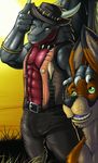  amber_eyes anthro bad_dragon belt biceps big_muscles black_dragon claws clothing couple dragon duke duke_(bad_dragon) duo feral fur green_eyes hat horn horns jacket kangaroo male mammal marsupial muscles narse pants pecs pose scales scalie waistcoat wings yellow_eyes 