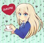  bad_id bad_pixiv_id blonde_hair blue_eyes cup k-on! long_hair masuyama_kei saitou_sumire saucer school_uniform smile solo tea teacup 