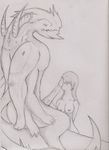  breasts creature dragon fellatio female greyscale human human_on_anthro interspecies male mammal monochrome nipples oral oral_sex penis plain_background sex size_difference straight unknown_artist unknown_species white_background 