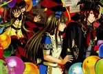  2boys alice_liddell animal_ears annoyed apron arm_holding arms_up artist_request balloon belt blue_eyes bow brown_hair chasing confetti dress frown green_eyes hair_bow hair_over_one_eye hair_ribbon hat heart_no_kuni_no_alice highlights jester_cap joker_(kuni_no_alice) long_sleeves mouse_ears mouse_tail multicolored_hair multiple_boys necktie official_art open_mouth outstretched_arms pants pierce_villiers puffy_sleeves red_eyes red_hair ribbon running short_sleeves smile tail wallpaper 