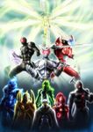  6+boys cyclone_dopant glowing glowing_eyes heat_dopant irisu_haniwa kamen_rider kamen_rider_accel kamen_rider_double kamen_rider_eternal kamen_rider_joker kamen_rider_w luna_dopant metal_dopant monster multiple_boys trigger_dopant 