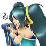  bare_shoulders between_breasts breasts cleavage flute green_hair ian_chase instrument large_breasts league_of_legends licking long_hair musical_note sexually_suggestive solo sona_buvelle twintails yellow_eyes 