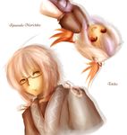  1girl amanojaku bad_id bad_pixiv_id blue_hair glasses head_wings highres horns morichika_rinnosuke multicolored_hair open_mouth red_eyes short_hair silver_hair single_head_wing smile tokiko_(touhou) touhou two-tone_hair wings yellow_eyes 