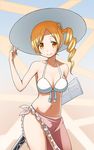  bikini blonde_hair breasts cleavage drill_hair front-tie_top gun hair_ornament hand_on_headwear hat highres kirigaya_yuuji magical_musket mahou_shoujo_madoka_magica medium_breasts midriff navel pink_sarong rifle sarong smile solo sun_hat swimsuit tareme tomoe_mami weapon white_bikini yellow_eyes 