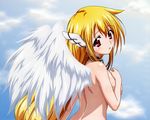  astraea blonde_hair breast_hold clouds nude red_eyes sora_no_otoshimono wings 