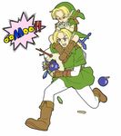  arrow bad_id bad_pixiv_id blonde_hair bomb dual_persona gameplay_mechanics hat highres instrument link male_focus multiple_boys ocarina ouse_(otussger) shield sword the_legend_of_zelda the_legend_of_zelda:_majora's_mask the_legend_of_zelda:_ocarina_of_time weapon young_link 