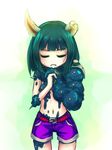  1girl 2011_sendai_earthquake_and_tsunami apostle_ache eyes_closed fangs getamped green_hair horns midriff monster_girl personification praying samael_(5211) samael_2 shorts simple_background solo 