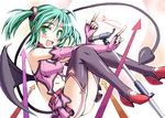  ahoge belt blush demon_tail demon_wings elbow_gloves fingerless_gloves garter_straps gloves green_eyes green_hair hatsune_miku legs microphone microphone_stand navel nonodera_minku open_mouth project_diva project_diva_(series) short_twintails skirt solo tail thighhighs twintails vocaloid wings 