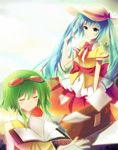  aqua_eyes aqua_hair bad_id bad_pixiv_id bison_cangshu book bow bowtie closed_eyes dress goggles goggles_on_head green_hair gumi hat hatsune_miku long_hair multiple_girls twintails vocaloid 