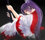  bow hair_bow hakama japanese_clothes kataginu katana kimono kotaro-nosuke long_hair looking_back meira ponytail purple_eyes purple_hair scabbard sheath sheathed solo sword touhou touhou_(pc-98) upper_body very_long_hair weapon 