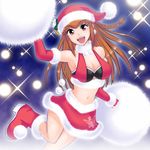  :d amemiya_sayaka armpits boots breasts brown_hair cheerleader christmas cleavage detached_sleeves hamu_agaki hat medium_breasts navel open_mouth osu!_tatakae!_ouendan pink_eyes pom_poms santa_costume santa_hat skirt smile solo 