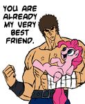  blue_eyes brown_hair crossover duo earth_pony english_text equine female feral fist_of_the_north_star friendship_is_magic fur hair horse human kenshiro male mammal my_little_pony open_mouth pink_fur pink_hair pinkie_pie_(mlp) plain_background pony text unknown_artist white_background 