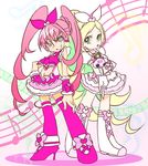 beamed_eighth_notes boots bow choker cure_melody cure_rhythm dress eighth_note houjou_hibiki hummy_(suite_precure) knee_boots magical_girl midriff minamino_kanade multiple_girls musical_note navel panty_&amp;_stocking_with_garterbelt parody pink_bow precure quarter_note show-nosuke staff_(music) style_parody suite_precure thighhighs twintails white_choker 