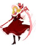  blonde_hair boots dress elly full_body hat holding holding_scythe juliet_sleeves long_sleeves maro4 puffy_sleeves ribbon scythe short_hair simple_background solo touhou touhou_(pc-98) white_background yellow_eyes 