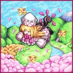  ^_^ blonde_hair cherry_blossoms closed_eyes flower flying hat kisasage_kouta lily_white lowres pixel_art solo touhou 