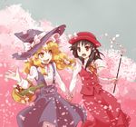  adapted_costume basket black_hair blonde_hair brown_eyes cherry_blossoms gohei hakurei_reimu hat holding_hands kirisame_marisa mecco multiple_girls touhou witch_hat yellow_eyes 