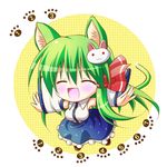  :d ^_^ animal_ears bunny cat_ears cat_tail chibi closed_eyes detached_sleeves fang green_hair hair_ornament kochiya_sanae long_hair open_mouth osashin_(osada) outstretched_arms smile solo spread_arms tail touhou 