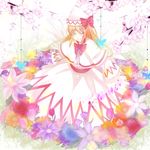  bad_id bad_pixiv_id baniradayann blonde_hair blue_flower blue_rose blush bow branch capelet cherry_blossoms closed_eyes dress flower hat hat_ribbon highres lily_white long_hair orange_flower orange_rose red_flower red_rose ribbon rose sash sleeves_past_wrists smile solo touhou wings 