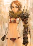 bandages brown_hair face flat_chest gloves highres igau mechanical_arm midriff original panties scarf serious shoulder_pads solo underwear 