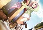 :d absurdres bare_legs blush boots braid dutch_angle flower hair_flower hair_ornament highres kantoku open_mouth pink_eyes pink_hair pleated_skirt puddle rubber_boots short_hair side_braid skirt smile solo splashing umbrella water your_diary yua_(your_diary) 